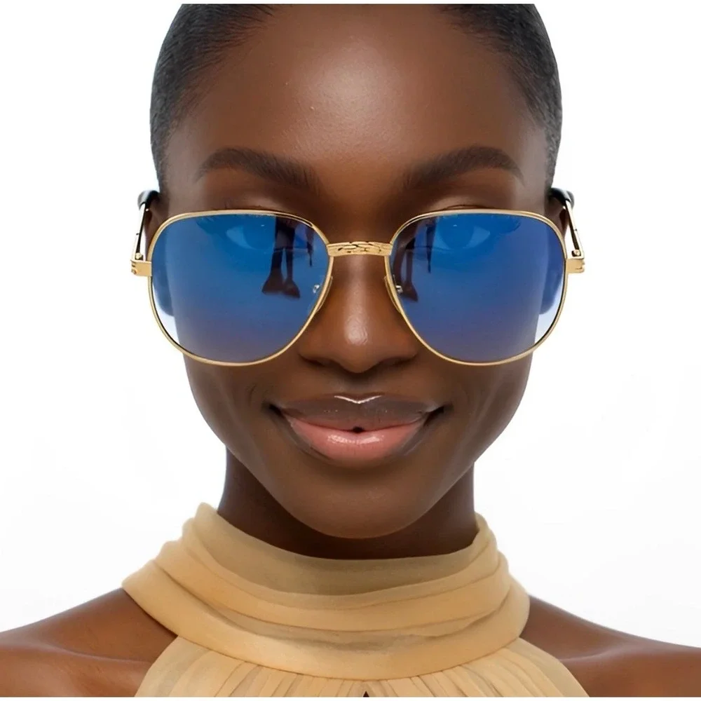 Gold Aviator Sunglasses Blue Gradient‎ Lens Geometric Metal Frame Retro Eyewear